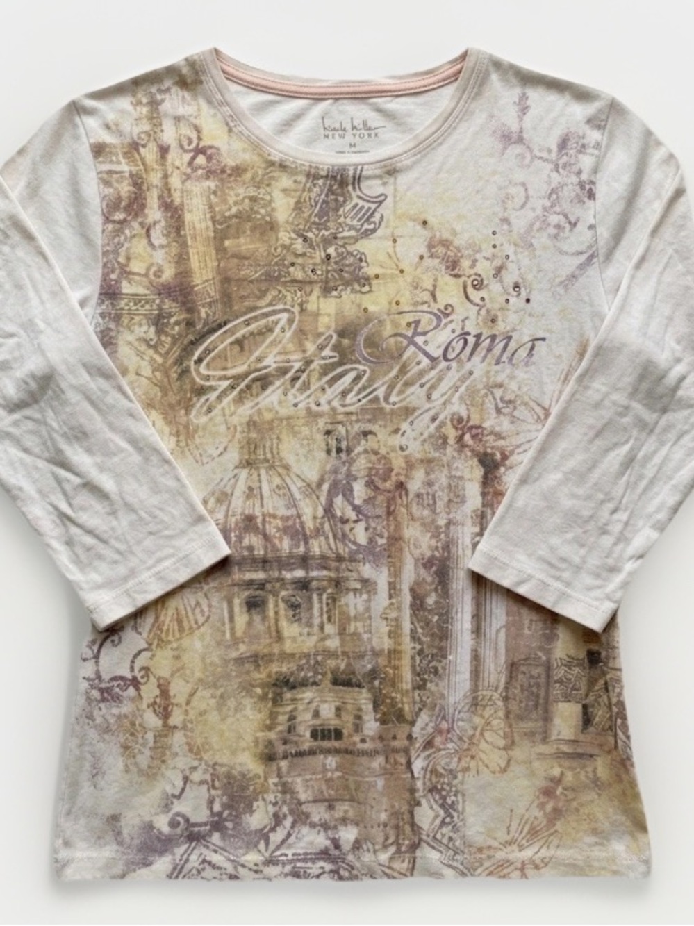 Nicole Miller Cream Long-Sleeve Graphic Tee with Beige & Brown Print